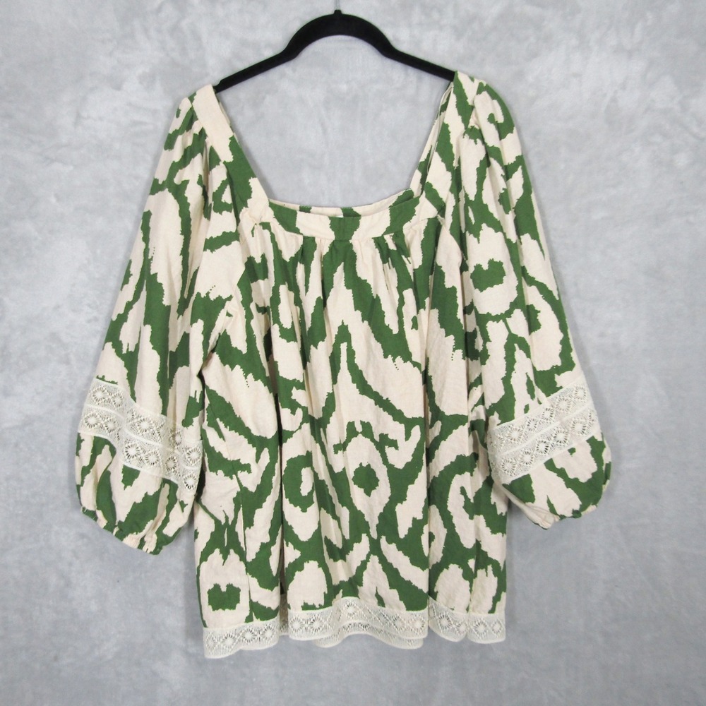 Rachel Zoe Top Green Cream Ikat Linen Blend Boho Blouse Square Neck Lace Trim 2X